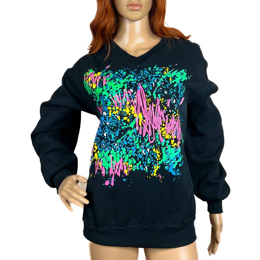 Swingster Iconic '80s Vintage Sweatshirt Neon Splatter Paint Graphic Design Sz L - Picture 2 of 7